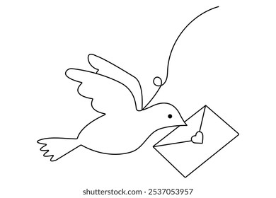 Love letter bird continuous one line drawing with valentine's day vector illustration design