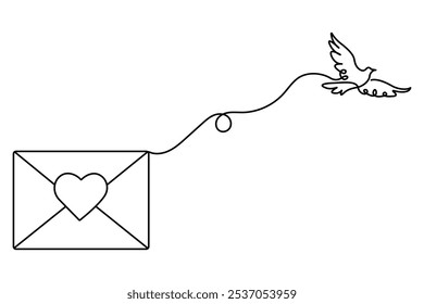 Love letter bird continuous one line drawing with valentine's day vector illustration design