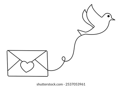 Love letter bird continuous one line drawing with valentine's day vector illustration design