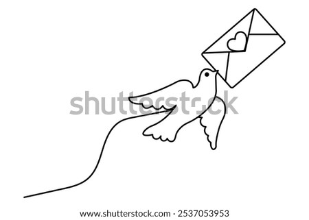 Love letter bird continuous one line drawing with valentine's day vector illustration design