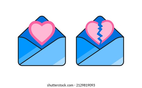 Love Letter And Breakup Letter. Opened Email With Love And Broken Heart Icons.