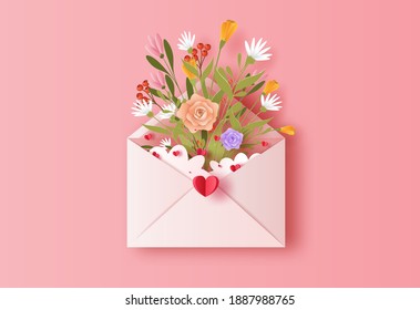 Love letter with a bunch of flowers in paper illustration, 3d paper.