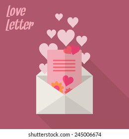 Love letter with card and hearts. Flat style vector illustration.