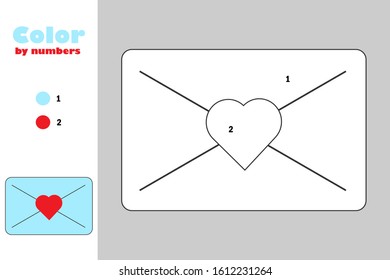 Love letter in cartoon style, color by number, education paper game for the development of children, coloring page, kids preschool activity, printable worksheet, vector illustration