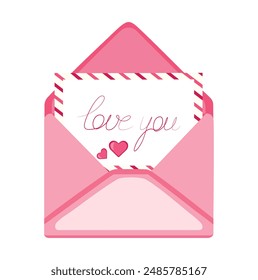 Love letter in cartoon style. Vector illustration of an beautiful  envelope with a letter, hearts and the inscription: love you, isolated on a white background. Valentine's Day. Expression feelings.