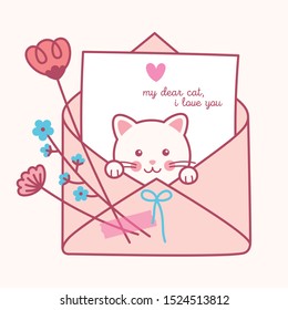 love letter. cat, flowers, envelope. vector illustration