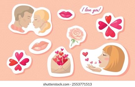 Love letter, couple in love, lovers, heart, lips, rose, kiss. The clipart is in pink tones. Illustrations for Valentine's Day.