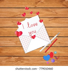 Love letter. Cute opened envelope with letter and text I love you, fountain pen, red pencil and paper hearts scattered  on rustic vintage table background. Vector illustration, greeting card.