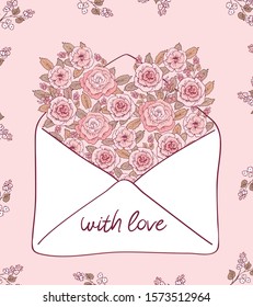 With love letter. Cute postcard with vintage heart of the pink flowers. Wedding invitation. Greeting card for Valentine's Day, Mother's Day, birthday, March 8. Vector.