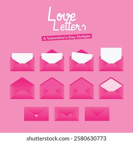 Love letter, A Valentine’s Day Delight. Love letter in an hot pink envelope with a heart, featuring white paper card, a romantic greeting or invitation, celebration of love holiday, message