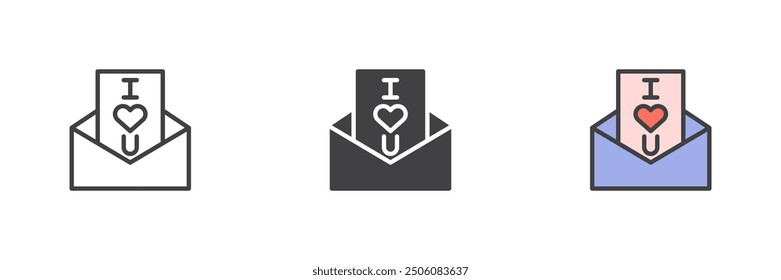 Love letter different style icon set. Line, glyph and filled outline colorful version, outline and filled vector sign. I love you message Symbol, logo illustration. Vector graphics