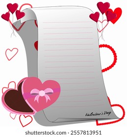 Love Letter. Empty white paper sheet with decorative hearts for Valentines Day, Mothers day or wedding design. 