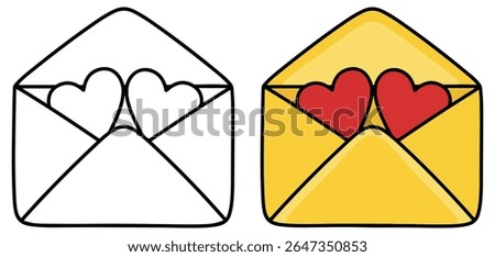 Love Letter Envelope Clipart – Cute Yellow Mail with Red Hearts in Colored and Outline Versions