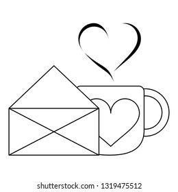 love letter envelope and coffee mug black and white