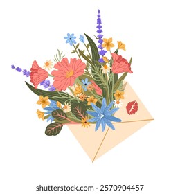 Love letter. Envelope with flowers. Couple romantic mailing. Lips kisses. Wildflowers and leaves. Paper postal message. Valentine gift. Spring plants. Natural blossoms. Vector floral correspondence