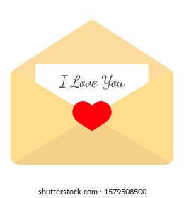 Love letter in envelope with a heart and declaration of love (text I love you) isolated on a white background. Valentine's day. Vector stock illustration. Romantic letter, flat.