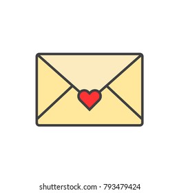 Love letter, envelope with heart flat line colored icon.