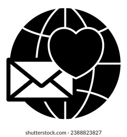 Love letter, envelope with heart and globe solid icon, dating concept, love message vector sign on white background, glyph style icon for mobile concept and web design. Vector graphics