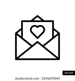 Love letter, envelope with heart shape, mail symbol vector icon in line style design for website, app, UI, isolated on white background. Editable stroke. EPS 10 vector illustration.