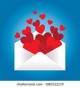 Love letter envelope with hearts for valentine's day on blue background. Vector illustration.