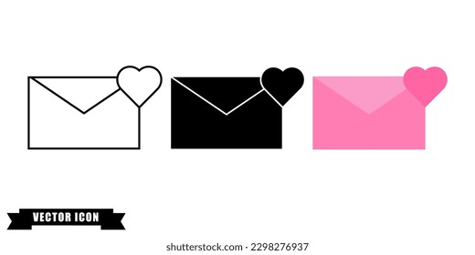 icono de sobre de carta de amor de 3 tipos: color, blanco y negro, contorno. Símbolo vectorial aislado