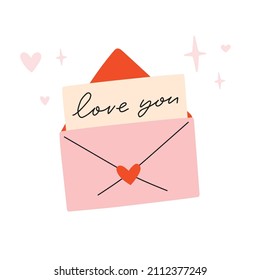 Love letter in envelope illustration. Stylish Valentine's day square greeting card, poster concept in pink and red colors. Fun and cool design. Hand drawn doodle cartoon style. 