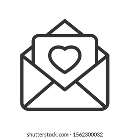 Love letter in envelope line vector icon isolated on white background. Love mail stock vector illustration. Romantic love and valentine day line vector icon for web, mobile apps, ui, printed products