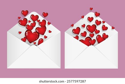 love letter envelope overflowing with  hearts - flat lay on pink valentines or anniversary background. Mail, letter or stationery theme.