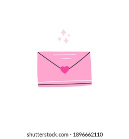 Love letter or envelope with pink heart. Vector hand drawn illustration in flat cartoon style.	