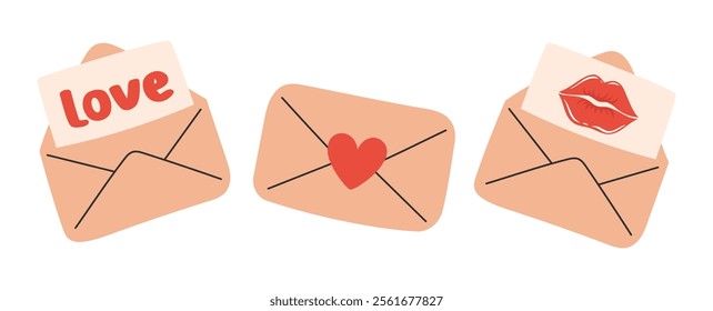 Love letter. Envelope with red heart and kiss notification. Romantic elements set. Valentine's day stickers. Flat Vector illustration isolated on white background