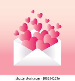 Love letter envelope with romantic pink hearts for valentine's day. Vector illustration.