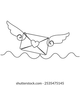 Love letter envelope  single line art, continuous one line drawing of  Isolated outline vector icon 