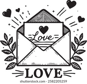 Love letter in an envelope sketch engraving vector illustration. T-shirt apparel print design. Scratch board imitation. Black and white hand drawn image.