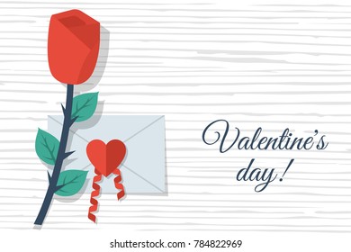 Love letter in envelope with space for text and a red rose isolated on wooden table. White paper with place confession. Vector illustration flat design. Happy Valentine's Day card.