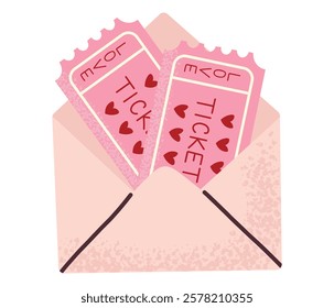 Love letter. Envelope with tickets. Simple card for Valentine's Day. Message in love concept. Vector illustration