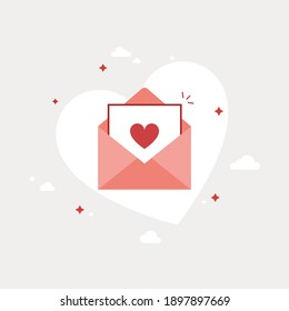 Love letter in envelope. Valentine's day. 14 February. Flat design. Pink and Red. Eps 10