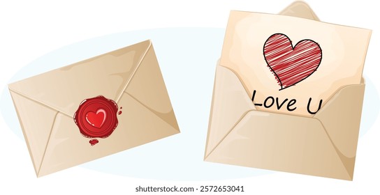 Love Letter Envelopes Sealed and Open Versions. Handwritten Drawn Scribbled Heart with Love U Message. Cute Valentine`s Cartoon Illustration 