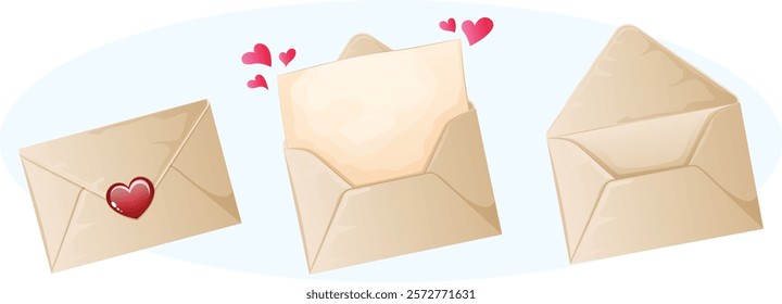 Love Letter Envelops Collection with Hearts, Close and Open Versions. Blank Letter with hand Drawn Hearts. Valentine Cartoon Elements Illustration 