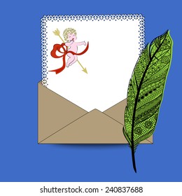 Love letter fancy feather pen, paper, envelope