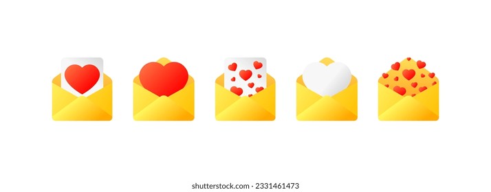 A love letter. Flat, yellow, love note, confess your feelings, romantic note. Vector icons.