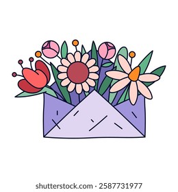 Love letter with flowers or envelope with bouquet. Vector loving message for woman or girl. Romantic women element. Lady or female gift. Blossom and petals. Nature environment. Romance symbol