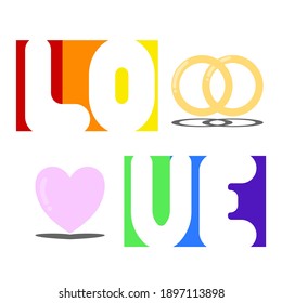 Love letter in front of the rainbow boxes with double ring and pink heart on white background, LGBTQ Supporter concept, vector design flat illustration.