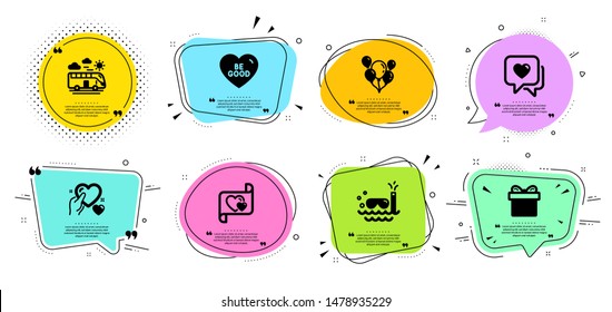 Love letter, Gift box and Hold heart line icons set. Chat bubbles with quotes. Bus travel, Heart and Scuba diving signs. Balloons, Be good symbols. Present package, Care love. Holidays set. Vector