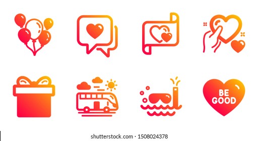 Love letter, Gift box and Hold heart line icons set. Bus travel, Heart and Scuba diving signs. Balloons, Be good symbols. Present package, Care love. Holidays set. Vector
