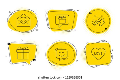 Love letter, Gift box and Love signs. Chat bubbles. Wish list, Santa boots and Smile face line icons set. Present box, New year, Chat. Heart. Holidays set. Line wish list icon. Vector