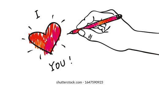 Love letter - Hand with decorative red-pink heart- hand-drawn vector illustration for banners, cards for Valentine, Wedding, Engagement