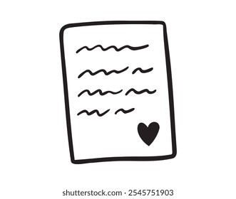 Love letter hand drawn doodle icon. Valentines day love text clipart. Vector outline paper with heart. Vector illustration