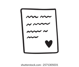 Love letter hand drawn doodle icon. Valentines day love text clipart. Vector outline paper with heart. Vector illustration