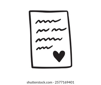 Love letter hand drawn doodle icon. Valentines day love text clipart. Vector outline paper with heart. Vector illustration