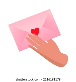 Love letter in hand. Valentine's greeting card.